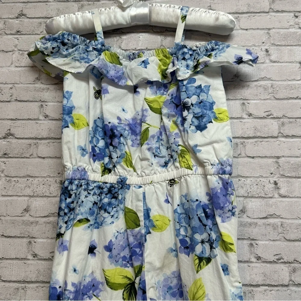 Gymboree Size 3T Floral Lined Jumpsuit Blue White Off Shoulder Ruffles Bees